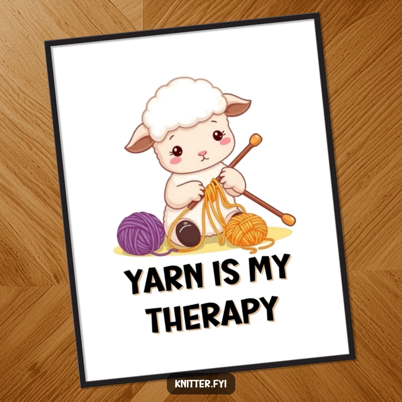 Funny Sheep Poster displaying a cute sheep character busily threading colorful yarn onto a large needle, ideal wall art.