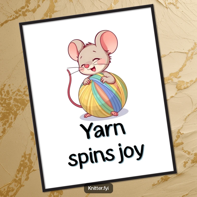 Funny Poster illustrating a giggling mouse character spinning a large ball of colorful yarn, celebrating the joy of creation.