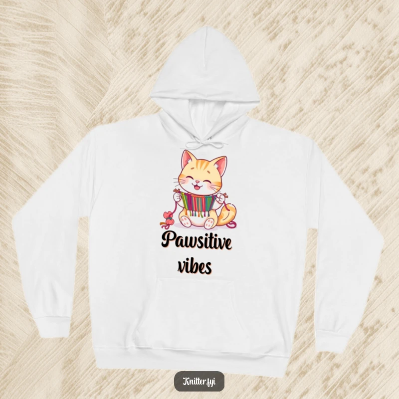 Happy cat character expertly weaving a tapestry with its paws, depicted on a hoodie.