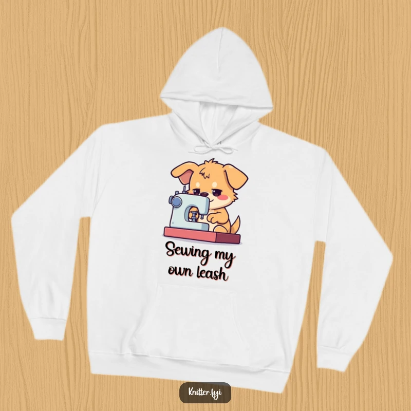 Funny Dog Hoodie with a determined dog character using a sewing machine with great focus, ideal for sewists.
