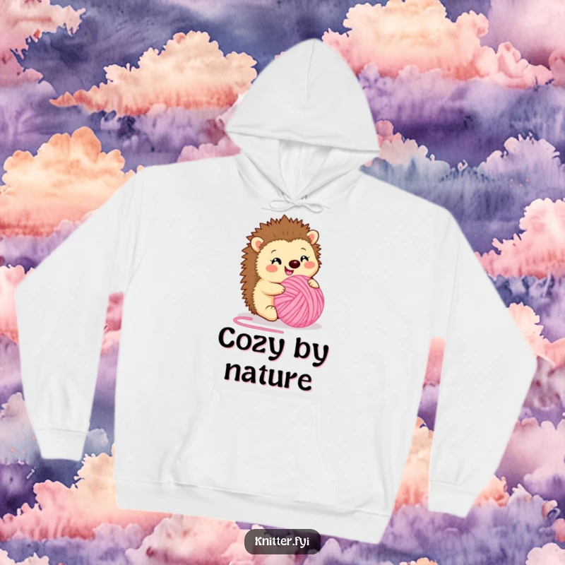 Funny hoodie depicting a happy hedgehog happily rolling a ball of fuzzy pink yarn. Cozy and cute apparel, a perfect funny gift for crafters.