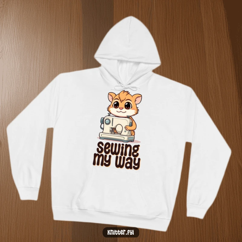 Funny Hoodie: A determined creature with a focused gaze happily operates a miniature sewing machine.