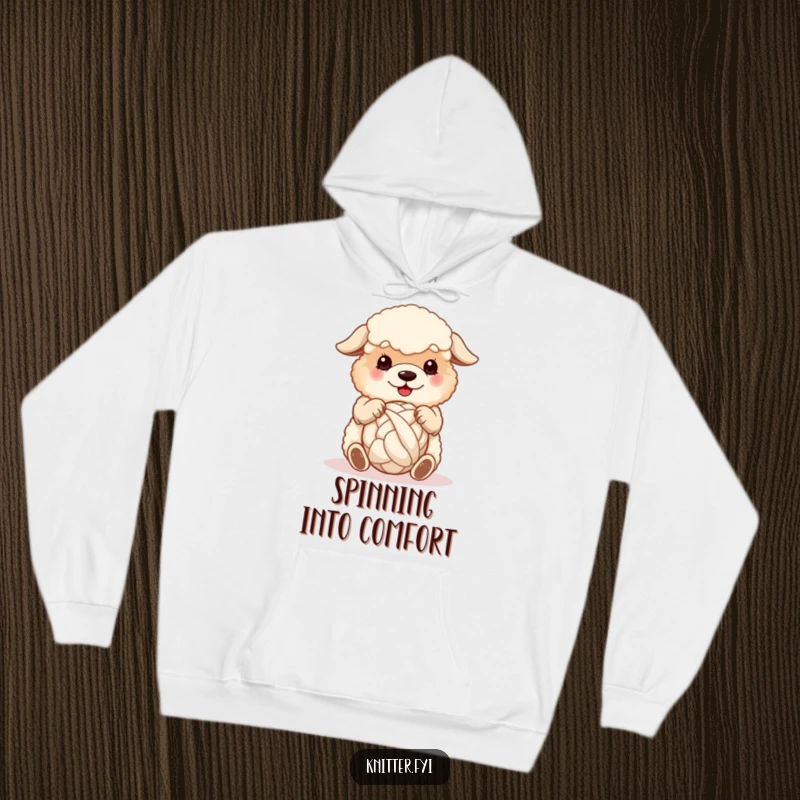 Funny sheepdog hoodie, a fluffy dog happily spinning a ball of wool with its paws, warm and cuddly.