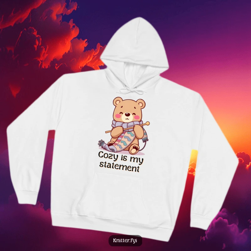 Funny hoodie featuring a cheerful bear character knitting a long, vibrant scarf with oversized needles, perfect for cozy crafting.