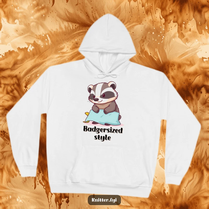 Funny badger hoodie with a tape measure, contentedly measuring fabric, offering cozy and humorous apparel for crafters.