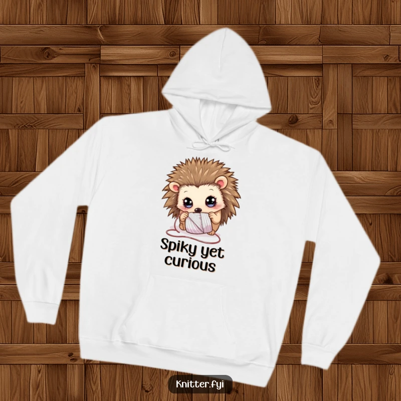 Funny Hoodie featuring a curious hedgehog with wide eyes, examining a spool of shimmering thread, designed for comfort and charm.