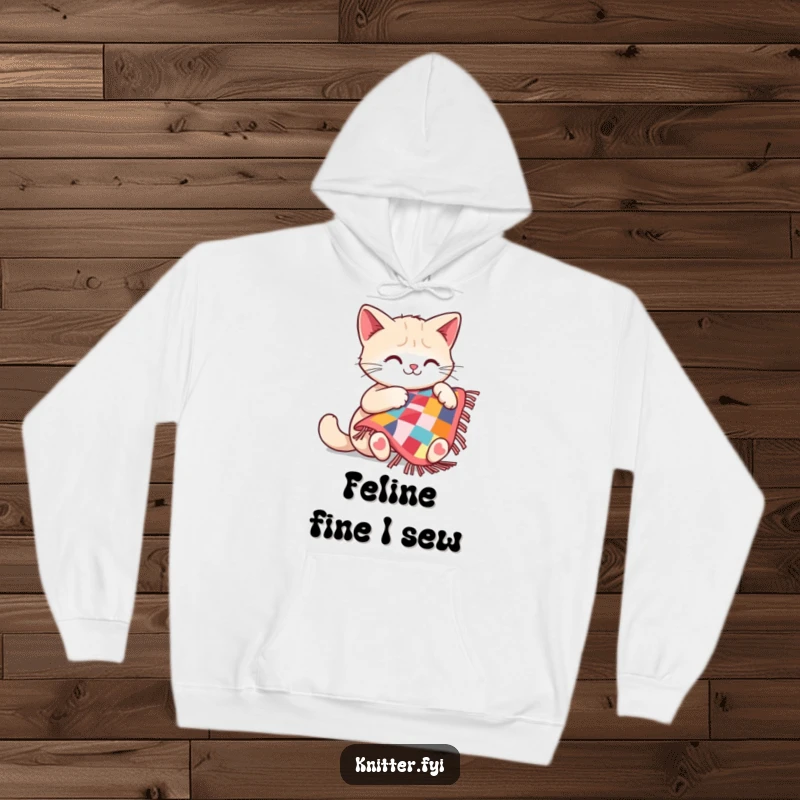 Funny cat hoodie showing a happy cat diligently sewing a miniature quilt, radiating warmth and crafting joy.