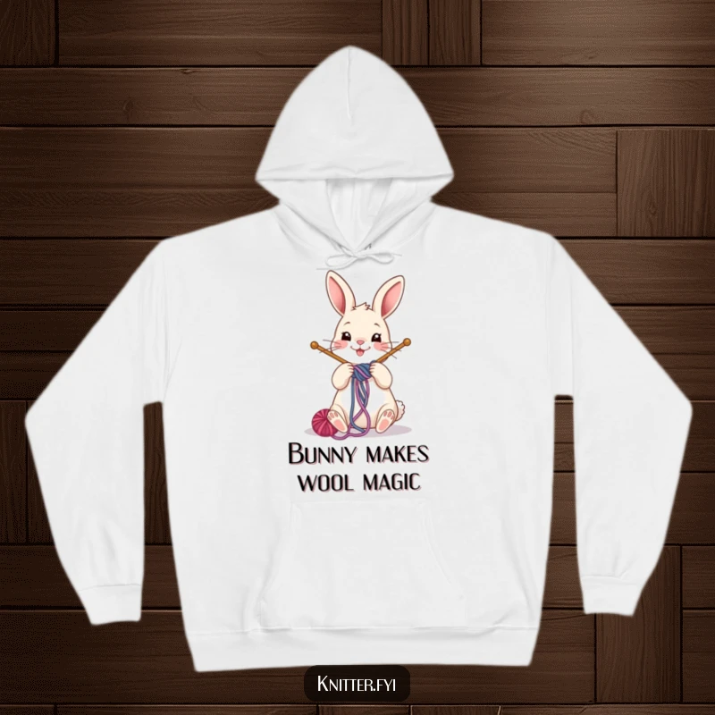 Funny rabbit hoodie featuring a cheerful bunny diligently winding yarn around knitting needles, radiating cozy energy.