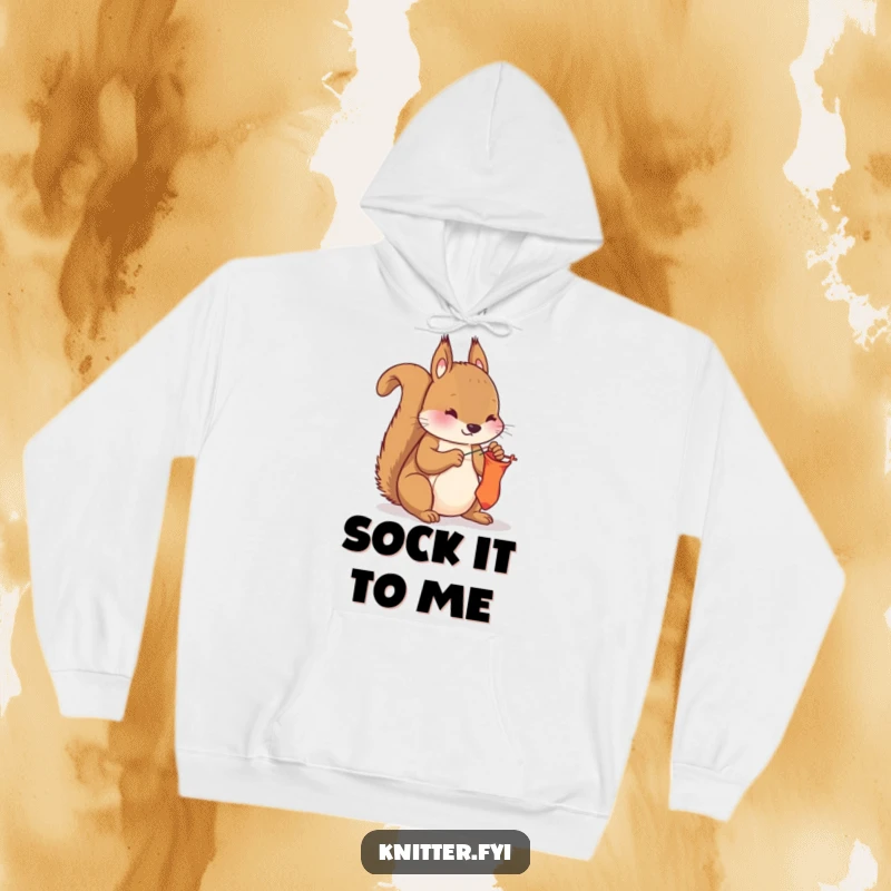 Funny curious squirrel hoodie, focused on sewing a sock with needle and thread, embodying diligent repair and cozy warmth.