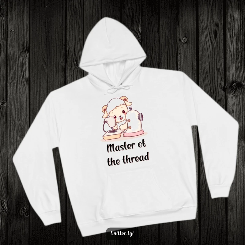 Funny sheepdog hoodie featuring a happy dog concentrating on sewing with oversized buttons, ideal for chilly crafting days.