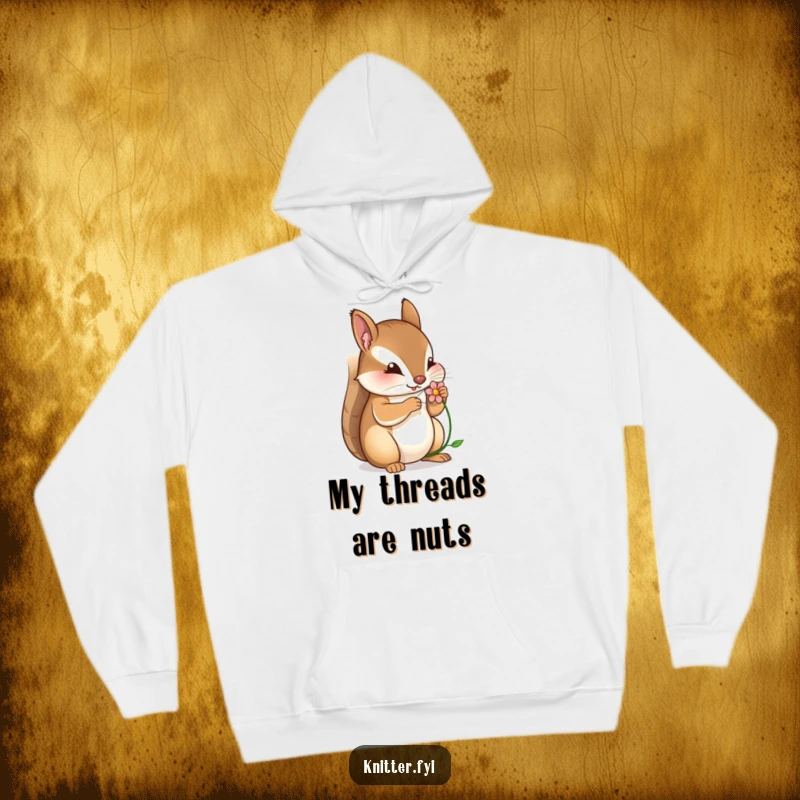 Funny hoodie print of a dedicated squirrel meticulously sewing a tiny, intricate flower, showcasing dedication and charm.