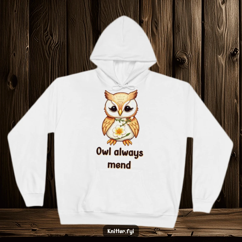 Funny Owl Hoodie: A focused owl meticulously embroiders a delicate flower, perfect for staying warm and inspired.