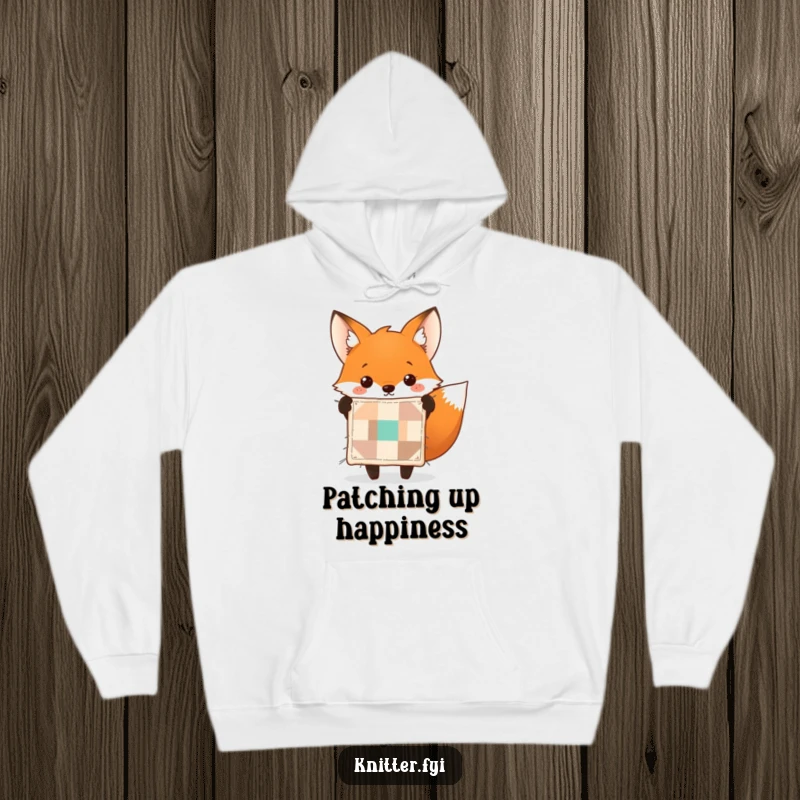 Funny fox hoodie depicting a cheerful fox holding up a perfectly stitched tiny quilt. Cozy and humorous.