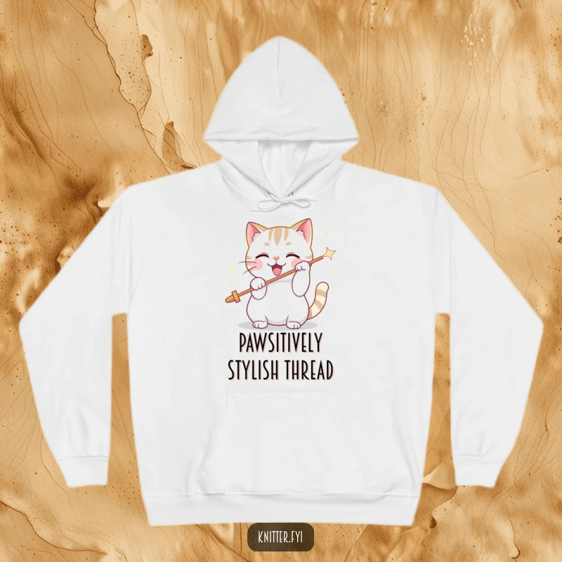 Funny hoodie with a playful cat character enthusiastically threading a giant, sparkling needle, perfect for cat lovers.
