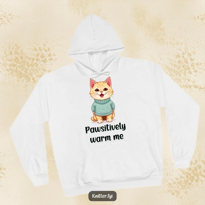 Funny hoodie with a delighted cat looking content in a tiny, handmade sweater. Ultimate cozy and cute apparel, ideal funny gift.