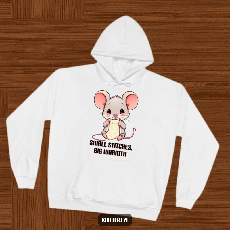 Funny mouse knitter hoodie showing a happy mouse with tiny needles knitting a sock, a humorous gift for crafters.