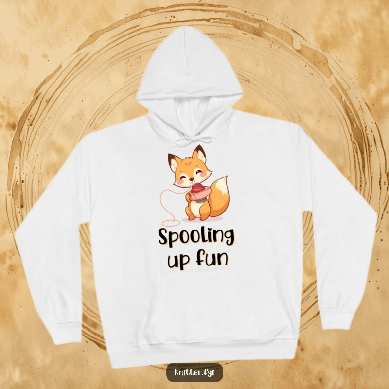 Funny fox hoodie character, spinning thread playfully, offering warmth and clever humor.