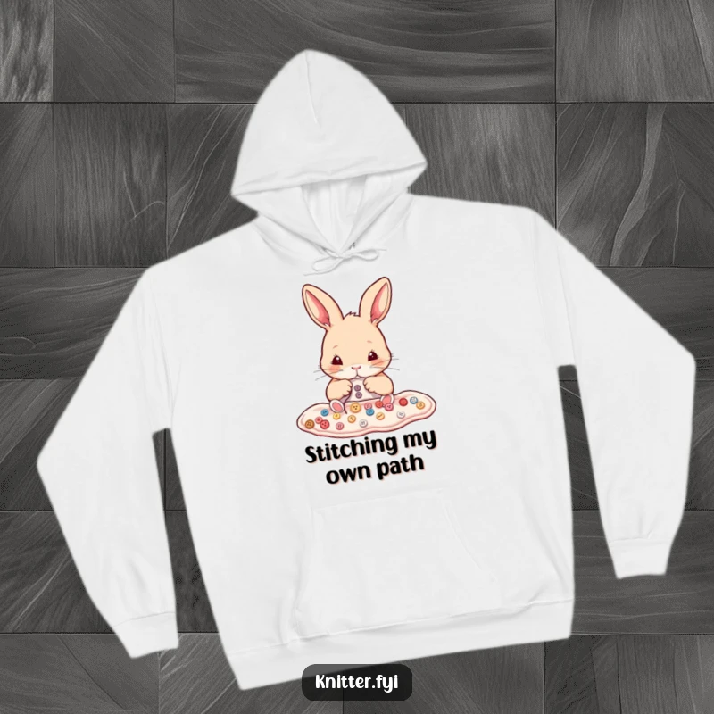 Funny rabbit hoodie depicting a determined bunny meticulously sewing tiny buttons onto fabric. Cozy and hilarious.