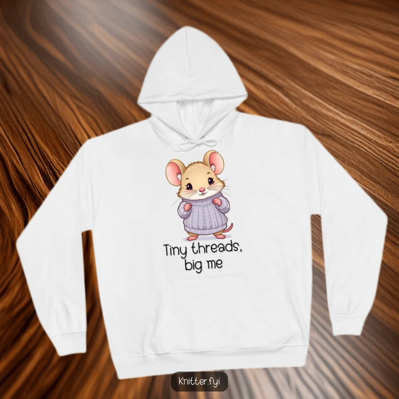 Funny mouse hoodie with a curious mouse trying on a miniature knitted sweater, offering cozy and humorous apparel.