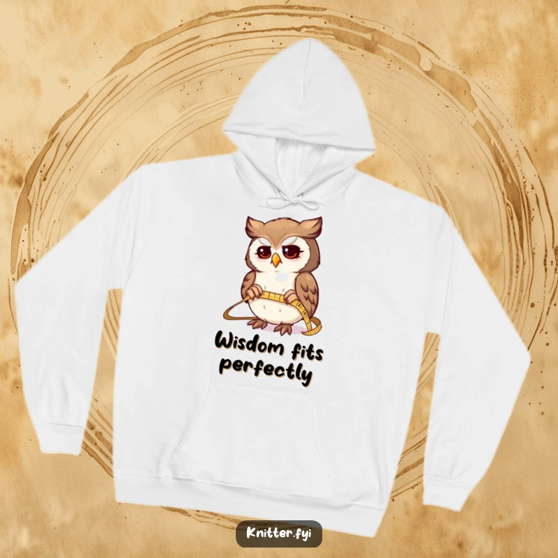 Funny hoodie featuring a determined owl character expertly measuring fabric with a tiny, shiny tape measure, perfect for sewers.