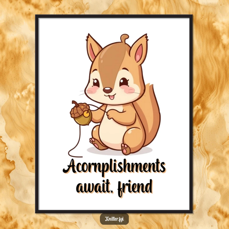 Funny Free Printable Wall Art: Adorable squirrel meticulously stitching a tiny acorn cap, cute decor.