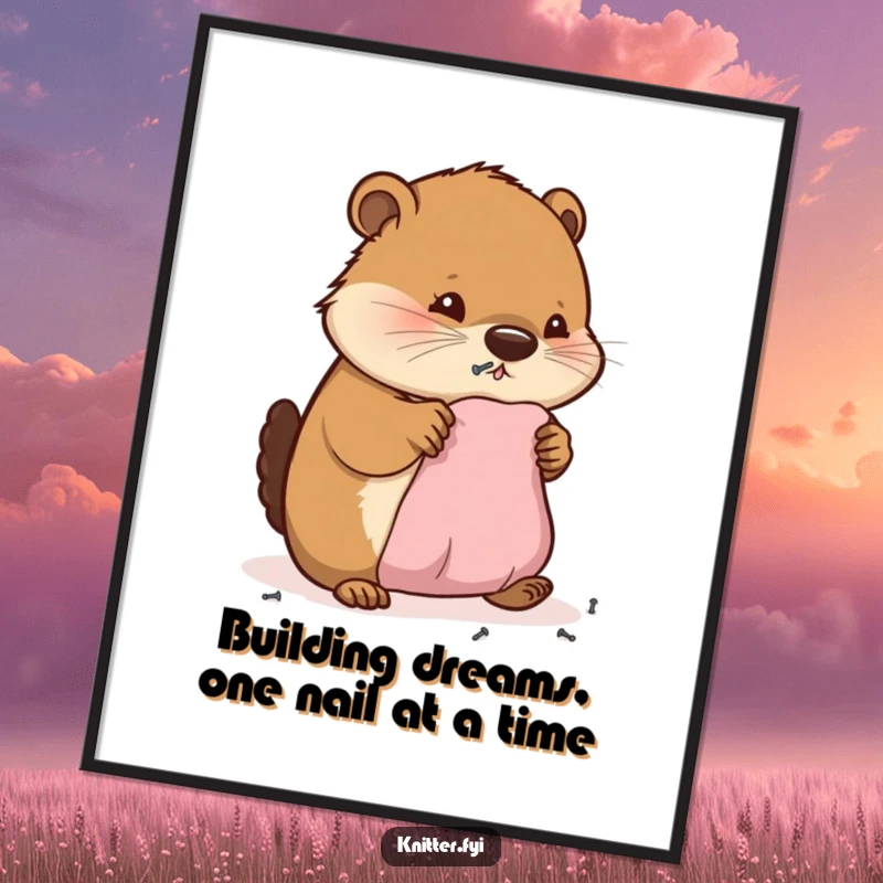 Funny Free Printable Beaver Wall Art: A cheerful beaver hammering nails into fabric, celebrating industrious hobbies and DIY spirit.