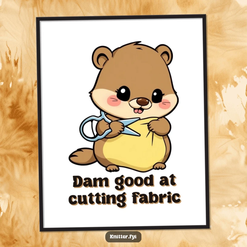 Funny Free Printable Beaver Wall Art: A busy beaver character expertly cuts a piece of fabric with sharp scissors, looking focused and skilled.