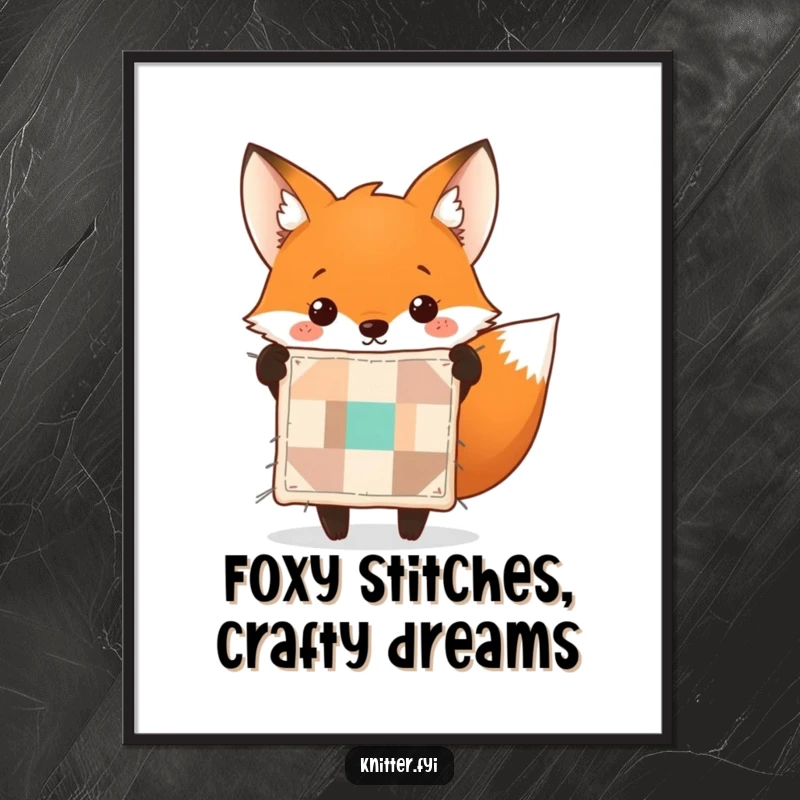 Funny Free Printable Wall Art: A cheerful fox joyfully holds up a perfectly sewn tiny quilt, radiating warmth.