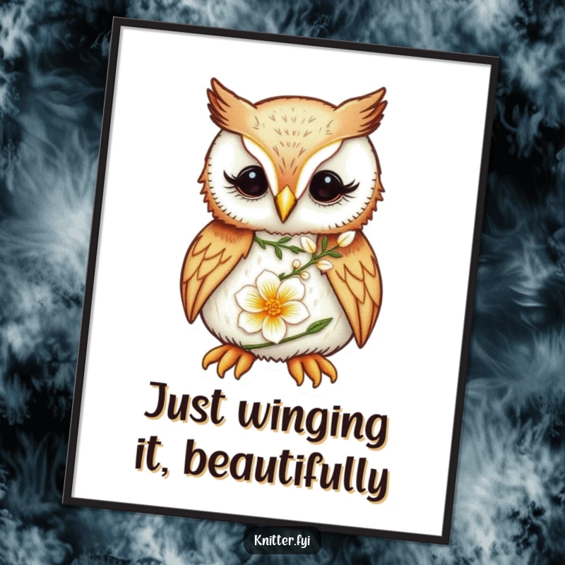 Funny Free Printable Wall Art: Focused owl meticulously embroidering a delicate flower, elegant decor.
