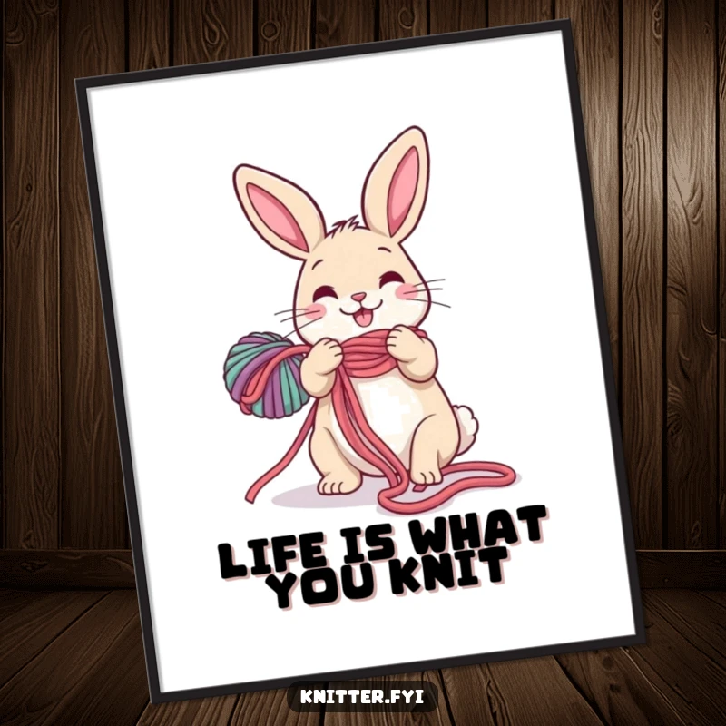 Funny Free Printable Wall Art: Whimsical rabbit creating colorful yarn mayhem, a delightful decor piece.