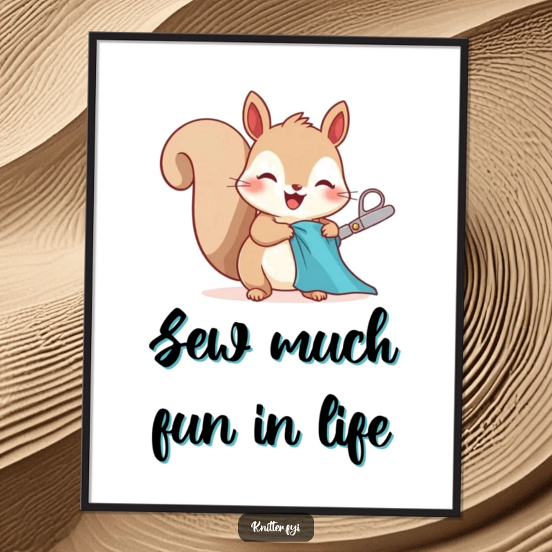 Funny Free Printable Squirrel Wall Art, character cutting fabric with scissors, excited and whimsical, perfect for quirky craft room decor.