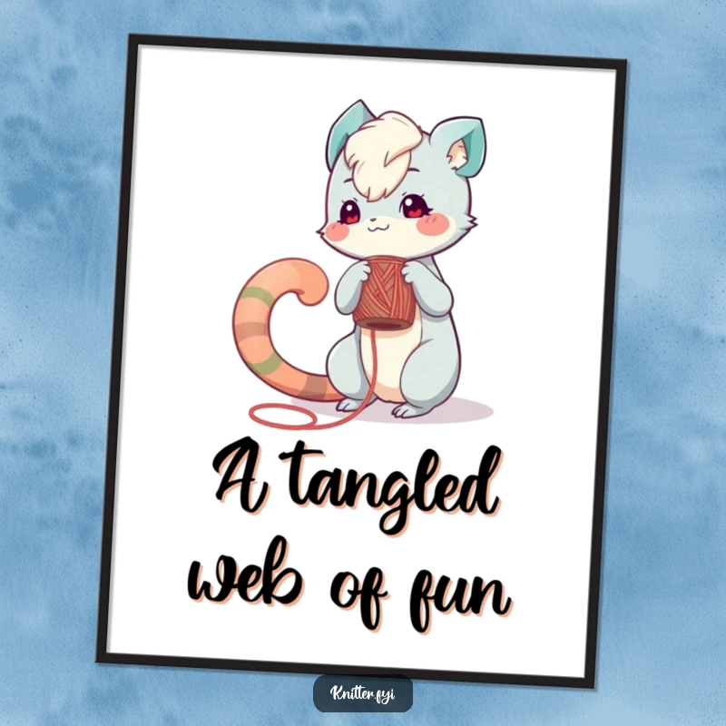 Free Printable Wall Art: Playful creature with a long tail diligently winds colorful yarn around a spool, creating a cozy, artistic scene.