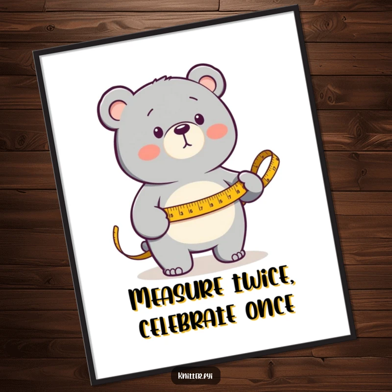 Funny Free Printable Wall Art: Determined bear measuring fabric with a golden tape, ideal for downloadable art.