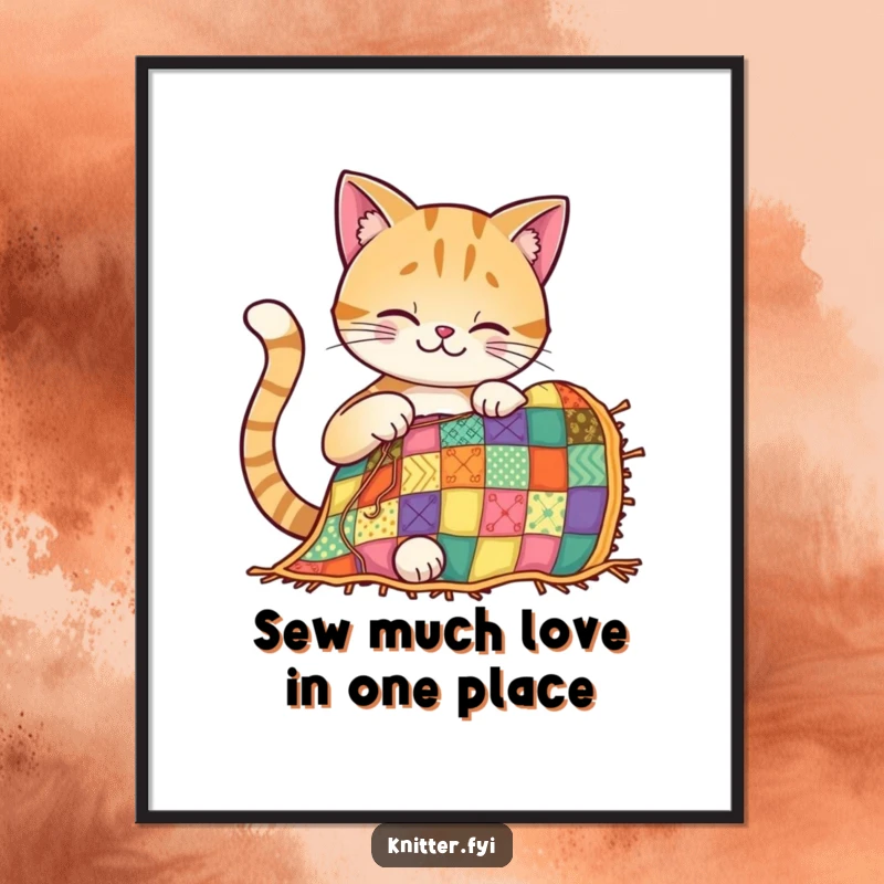 Funny Free Printable Wall Art: A smiling cat focuses intently while stitching a vibrant, colorful patchwork quilt.