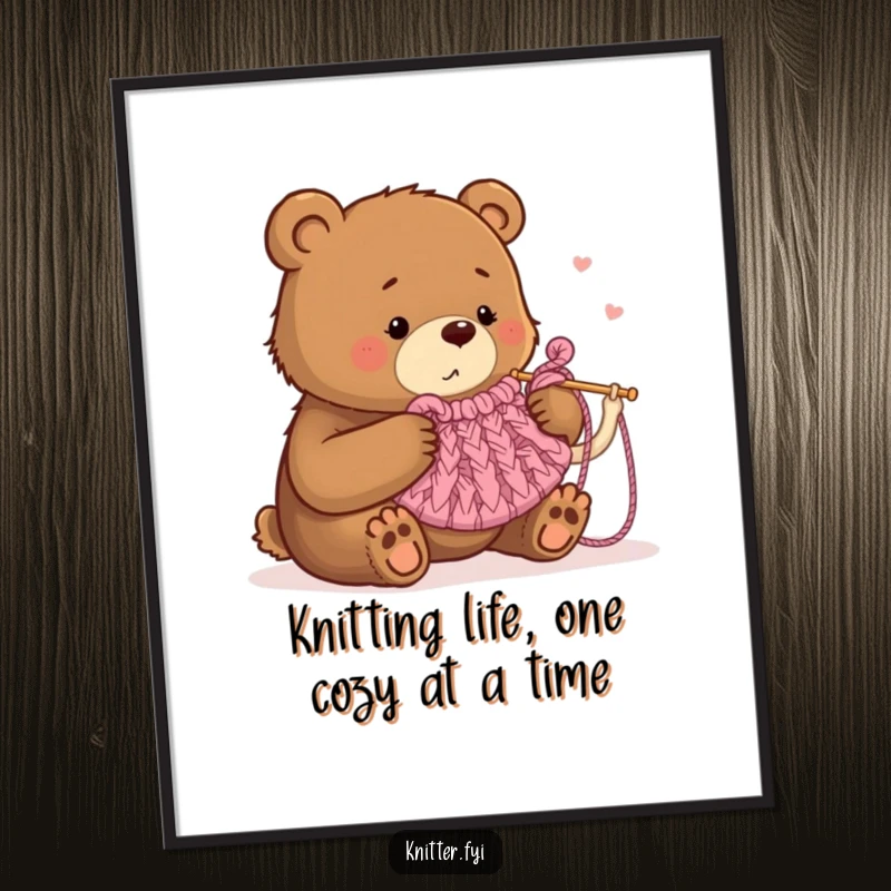 Funny Free Printable Wall Art: A determined bear focused on knitting a tiny tea cozy with oversized needles, humorous decor.