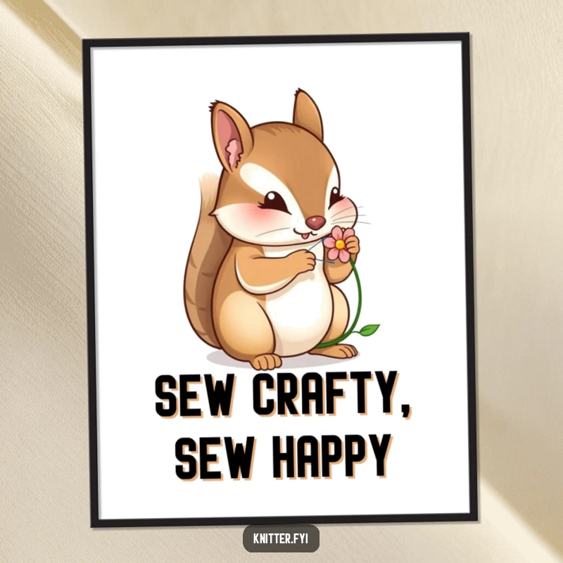 Funny Free Printable Wall Art: Determined squirrel concentrating on sewing a tiny flower, cute humorous decor.