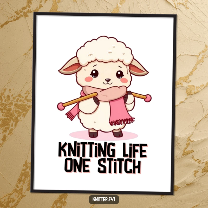 Funny Free Printable Wall Art of a fluffy sheep with large knitting needles, creating a cozy and humorous scene.