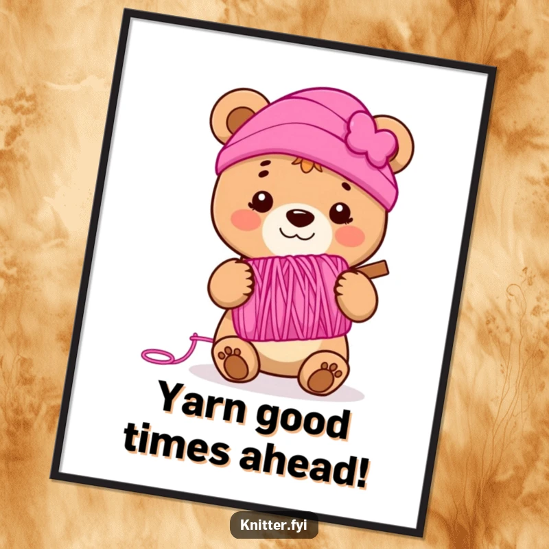 Funny Free Printable Bear Cub Wall Art: A smiling bear cub holding vibrant pink yarn brings cheerful vibes to your decor.
