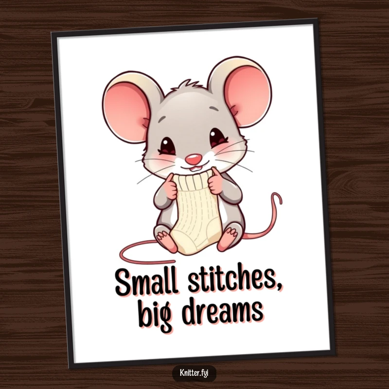 Funny Free Printable Mouse Wall Art: A happy mouse character is engrossed in knitting a tiny, perfectly formed sock with small needles.