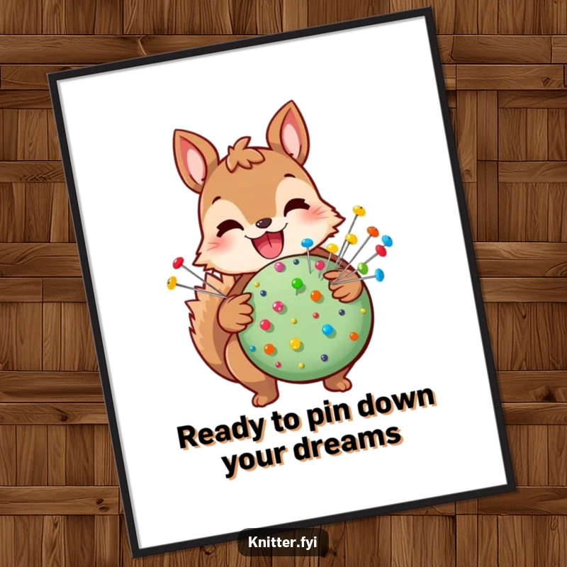 Funny Free Printable Squirrel Wall Art: A joyful squirrel character proudly displays a pincushion loaded with numerous colorful pins.