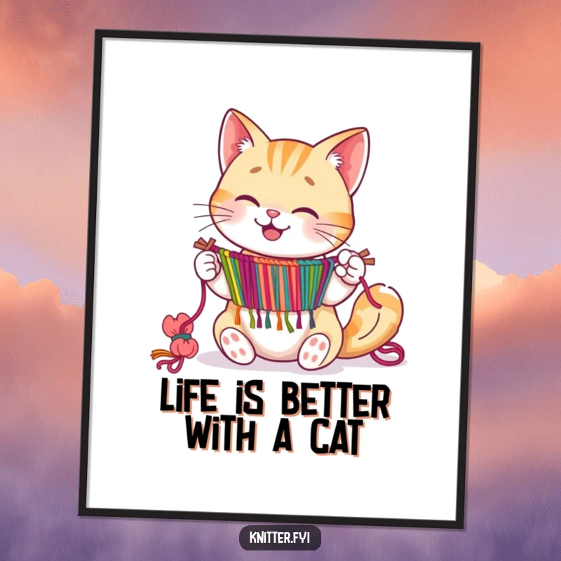 Funny Free Printable Wall Art: A happy cat character expertly weaving a colorful and intricate tapestry with its paws.