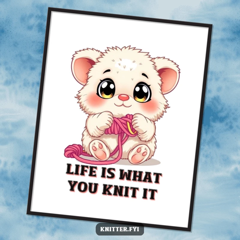 Funny Free Printable Wall Art: A fluffy creature with large, curious eyes deftly weaving colorful yarn with its paws, creating art.