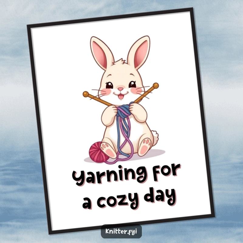Funny Free Printable Wall Art: Cheerful rabbit winding colorful yarn around big knitting needles, perfect for DIY decor.