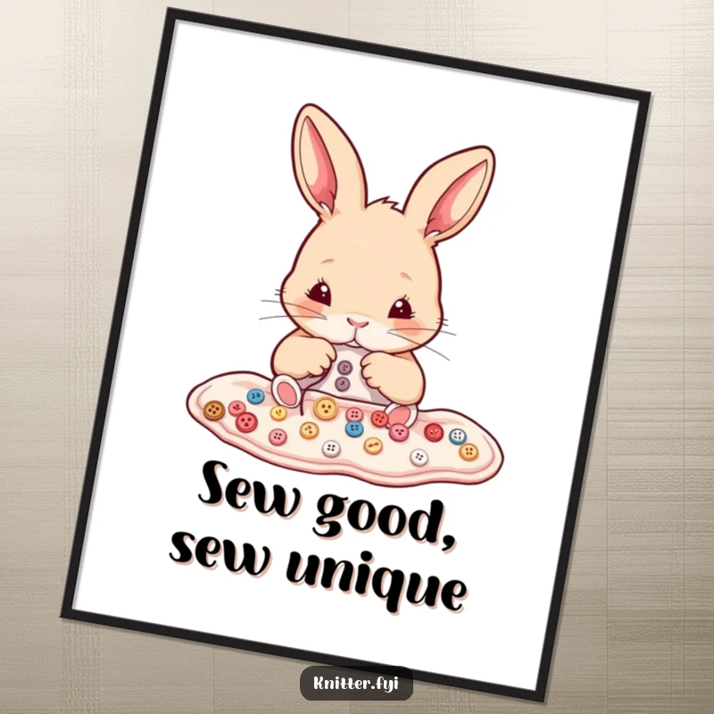 Funny Free Printable Wall Art: A determined rabbit meticulously sewing tiny buttons onto fabric, creating a charming scene.