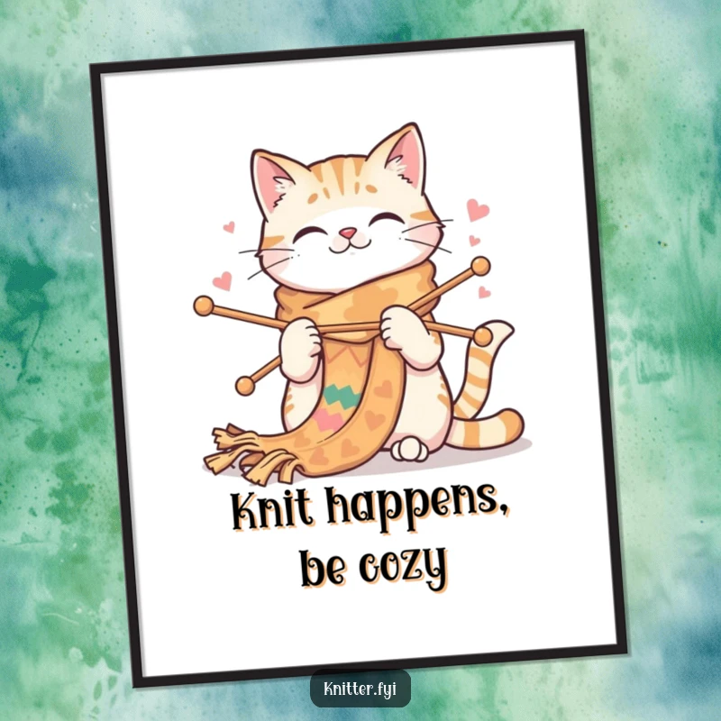 Funny Free Printable Wall Art: A happy cat humorously knitting an incredibly long, colorful scarf, bringing whimsical charm.