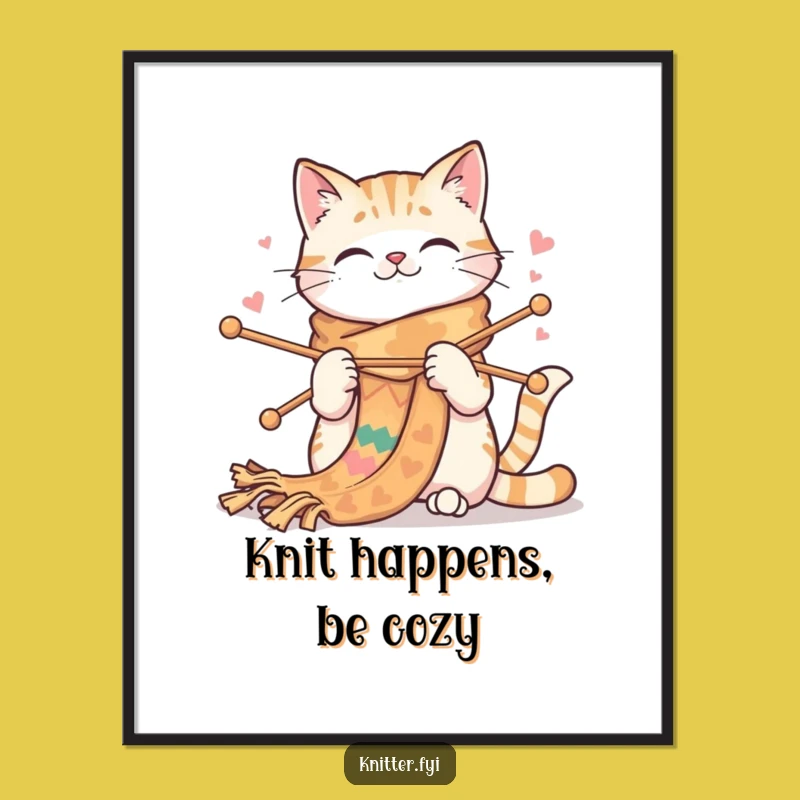 Funny Free Printable Wall Art: Cat Knitting Colorful Scarf Downloadable Decor
