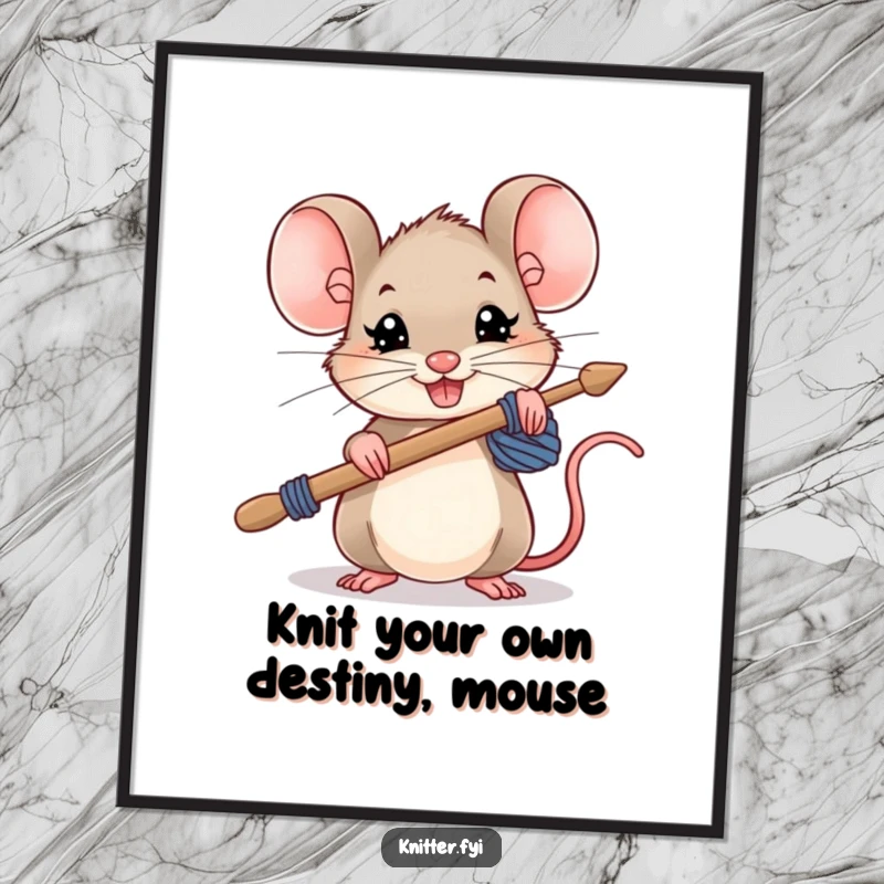 Funny free printable wall art of a small mouse holding oversized knitting needles with a determined grin.
