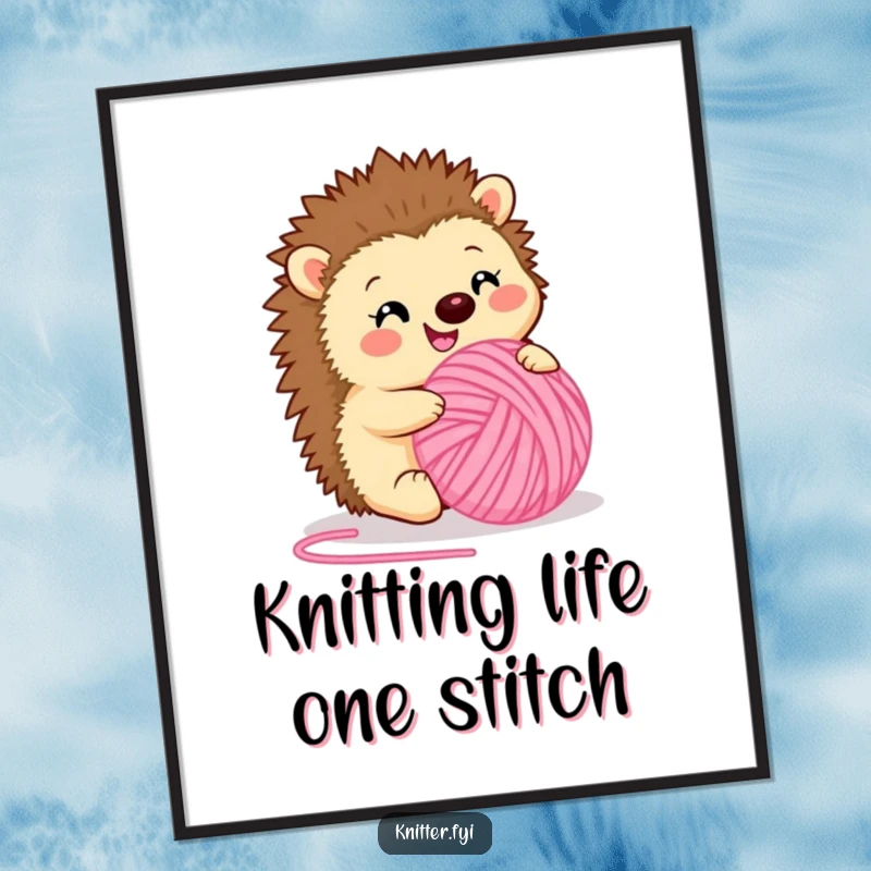 Adorable free printable wall art: a happy hedgehog enthusiastically rolling a large, fluffy ball of vibrant pink yarn with pure delight.