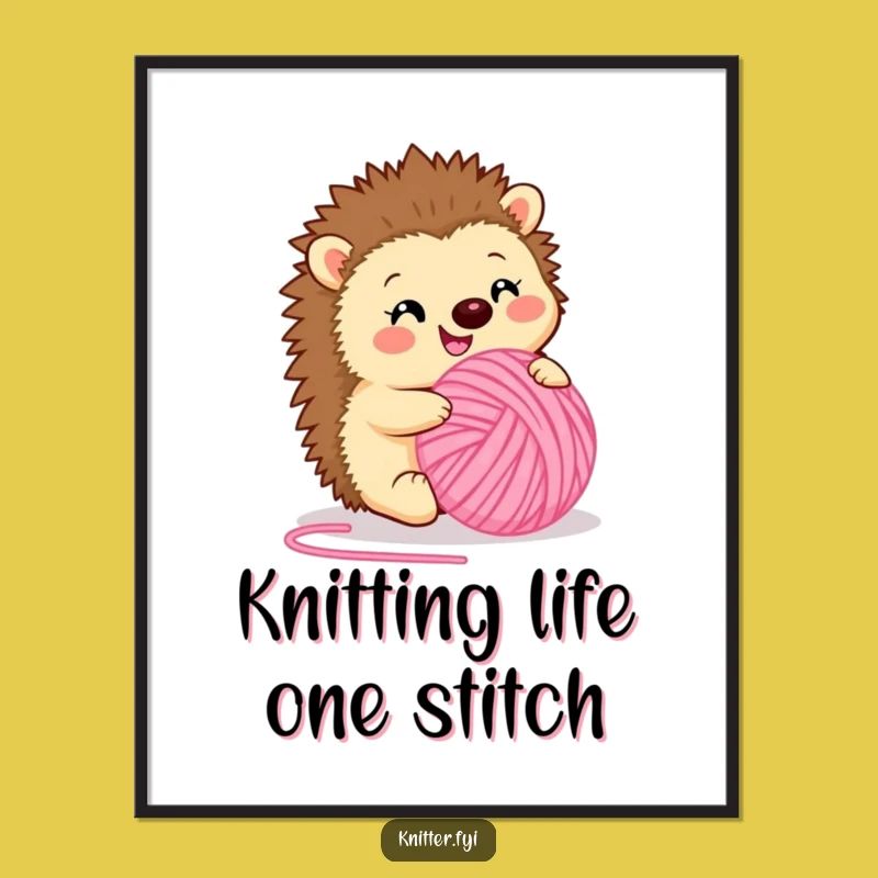 Funny Free Printable Wall Art: Happy Hedgehog Rolling Pink Yarn Ball