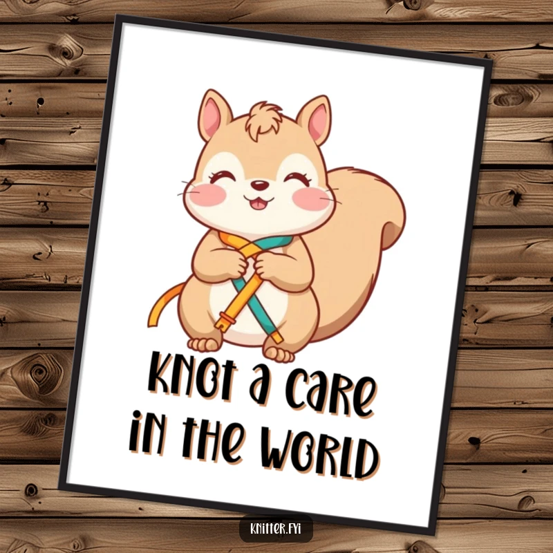 Funny free printable squirrel wall art, a squirrel happily knotting colorful ribbons, whimsical DIY decor.